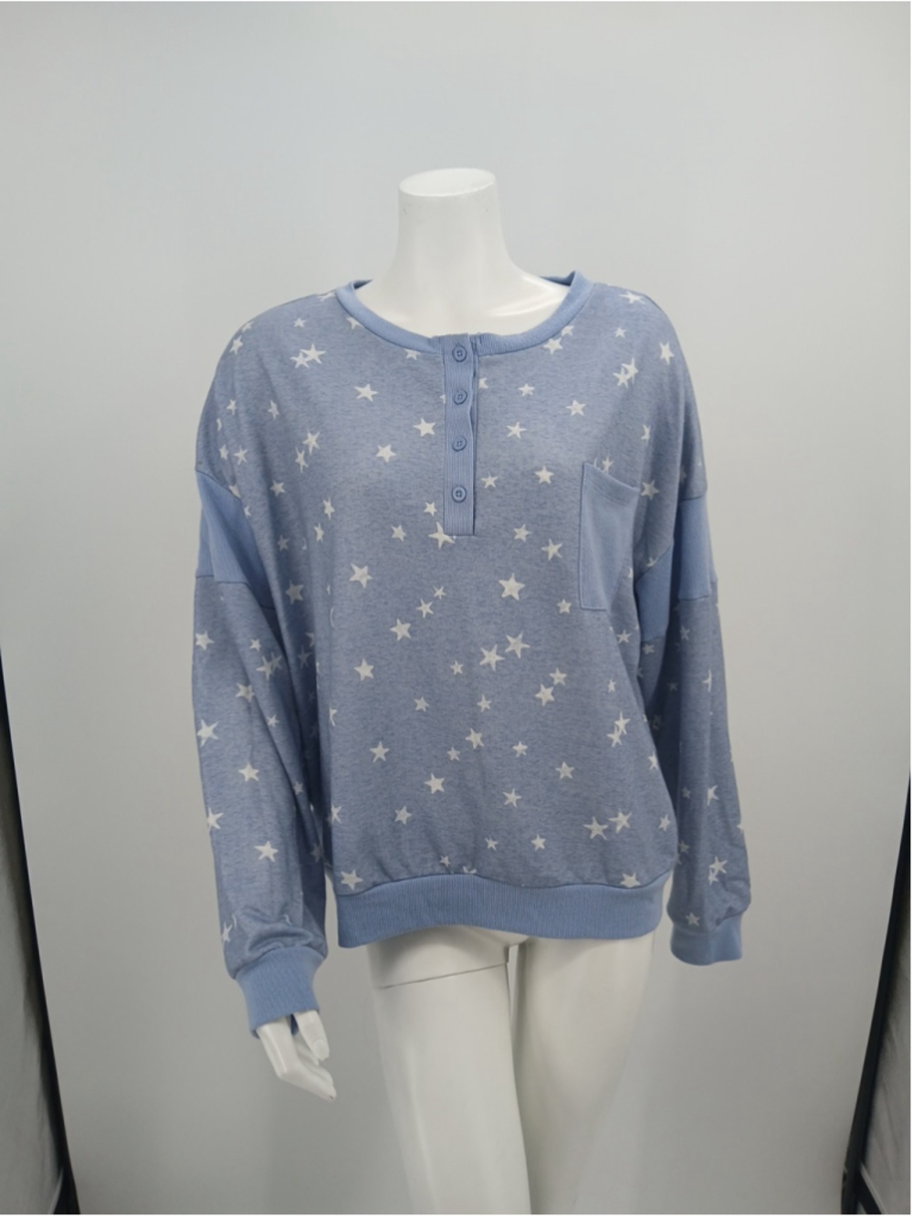 Splendid Womens Henley Long Sleeve Pajama Top Lounge Blue Size XXL Stars Pocket